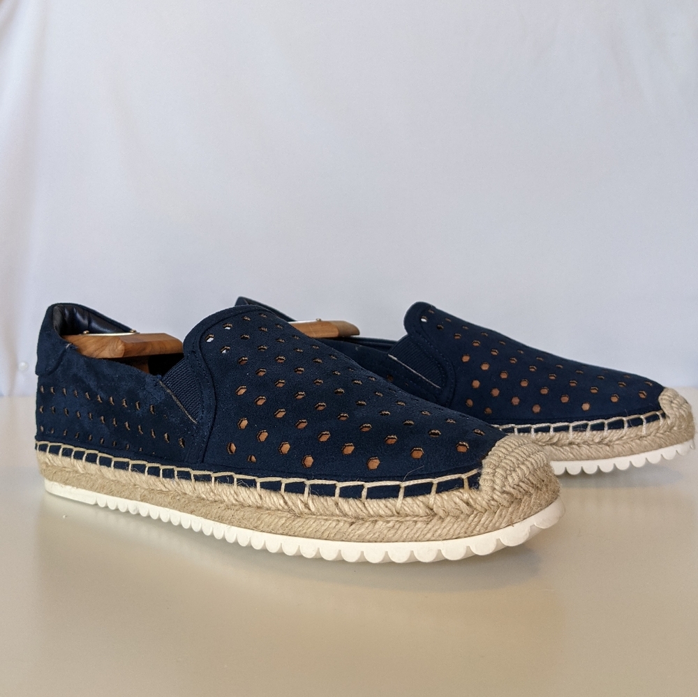 Marc Fisher Blue Suede Mania Perforated Espadrille Slip on